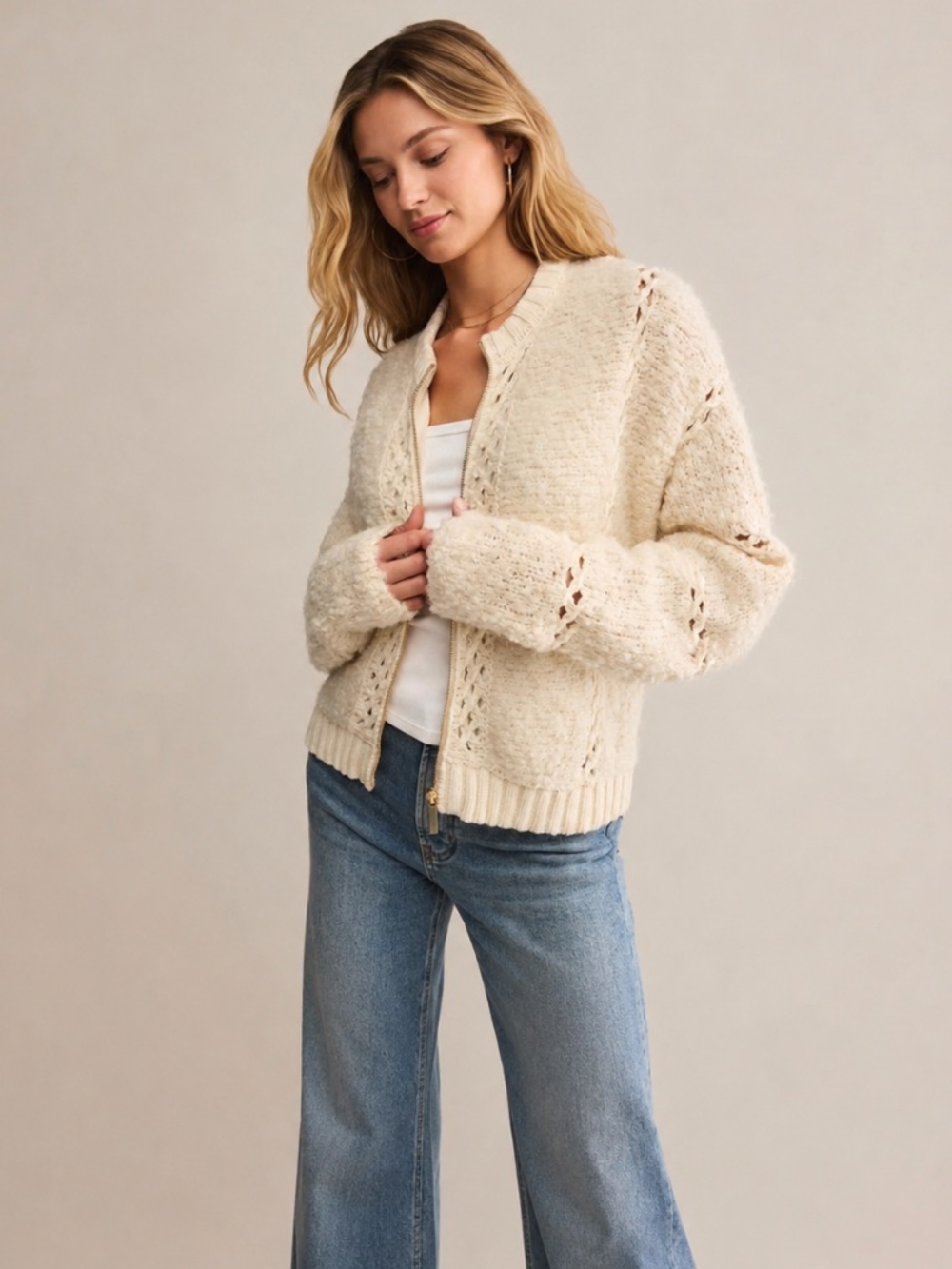 Z Supply Sundance Sweater Jacket Crystal Cream Crochet Zip Front S